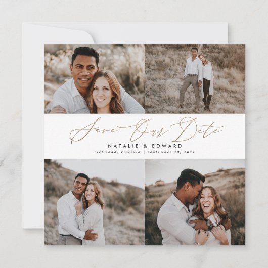 結婚の写モダン数々の真タイポグラフィ金ゴールドスクリプト セーブザデート (正面)