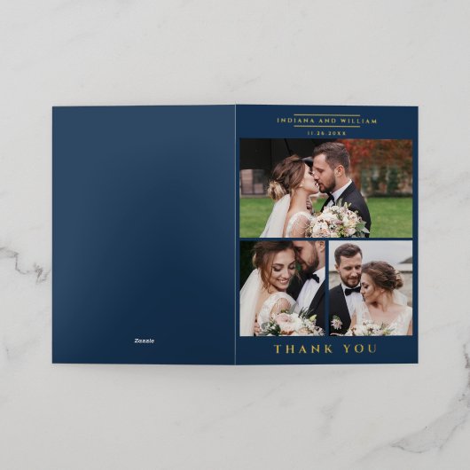 結婚の写真コラージュモダンありがとう金ゴールド 箔グリーティングカード (外側レイダウン)