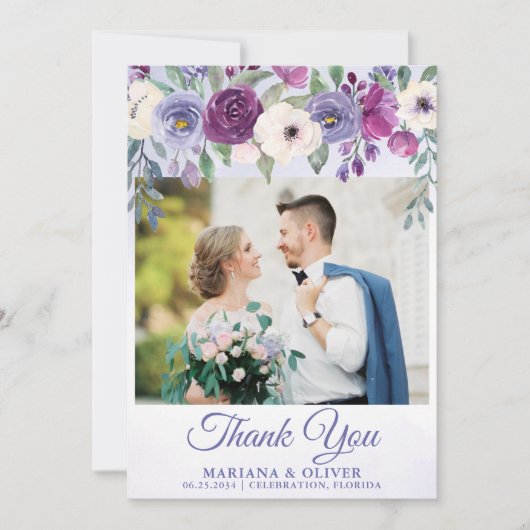 結婚の写真サンキューカード紫明るい赤紫色フローラ 招待状 (正面)