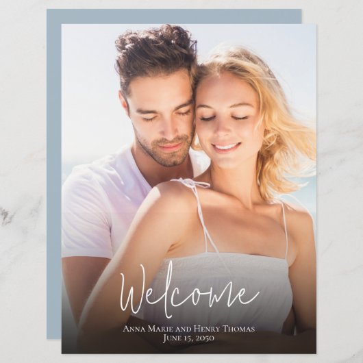 結婚の写真シンプルはモダンほこりっぽい青い書道 (正面/裏面)