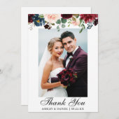 結婚の写真ブルゴーニュ青い水色フローラ サンキューカード (正面/裏面)