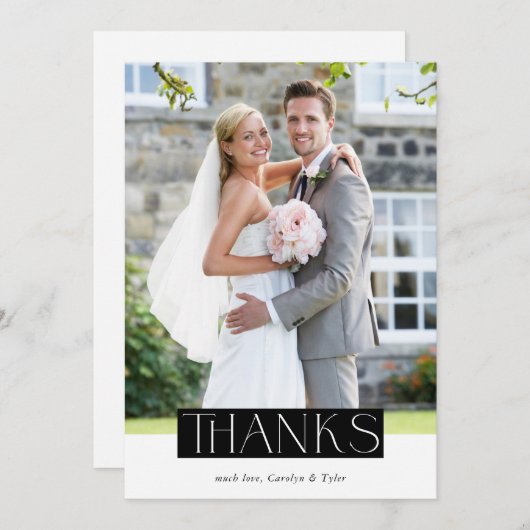 結婚の写真感謝していシックモダンセリフのオーバーレイ サンキューカード (正面/裏面)
