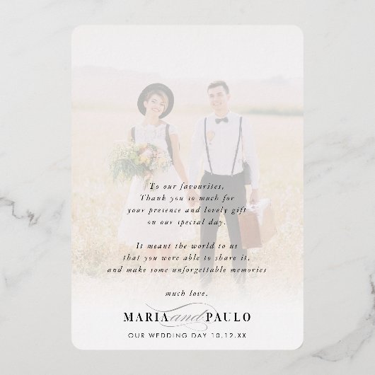 結婚の写真感謝していミニマモダンルオーバーレイ 箔招待状 (裏面)