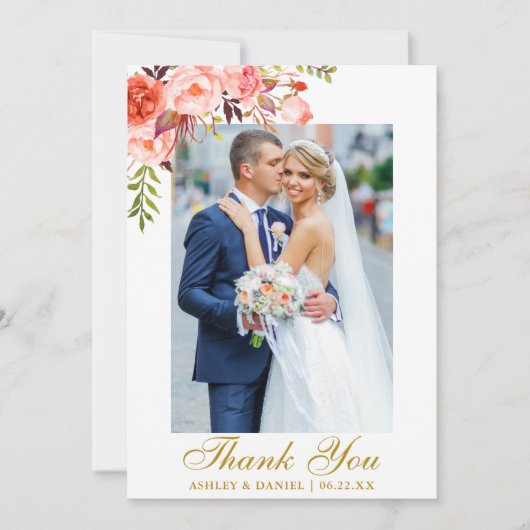 結婚の写真水の色サンゴフローラ金ゴールド サンキューカード (正面)