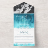 結婚の写真結婚ティール(緑がかった色)aqua rsvp文字 オールインワン招待状 (内側)