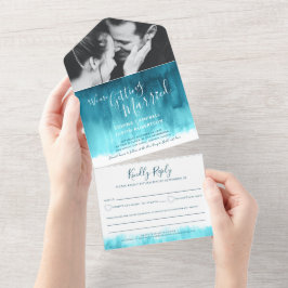 結婚の写真結婚ティール(緑がかった色)aqua rsvp文字 オールインワン招待状
