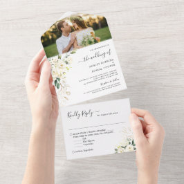 結婚の写真緑のアイボリー白金ゴールドフローラ オールインワン招待状