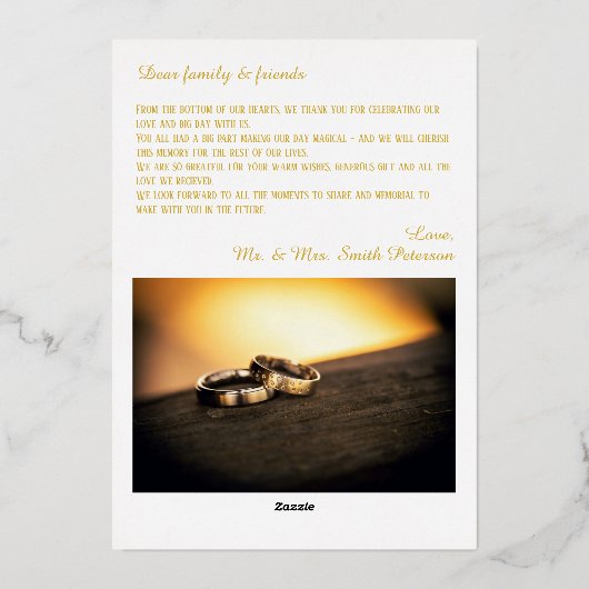 結婚の写真金ゴールドスクリプトフォイルサンキューカード 箔招待状 (裏面)