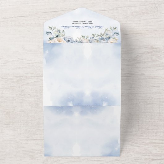 結婚の埃っぽい青い水色のアイボリーの花離れの オールインワン招待状 (外側)