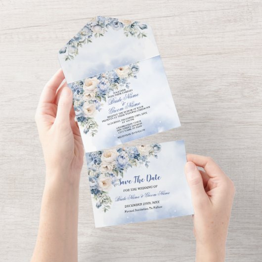 結婚の埃っぽい青い水色のアイボリーの花離れの オールインワン招待状 (貼ってはがせる)