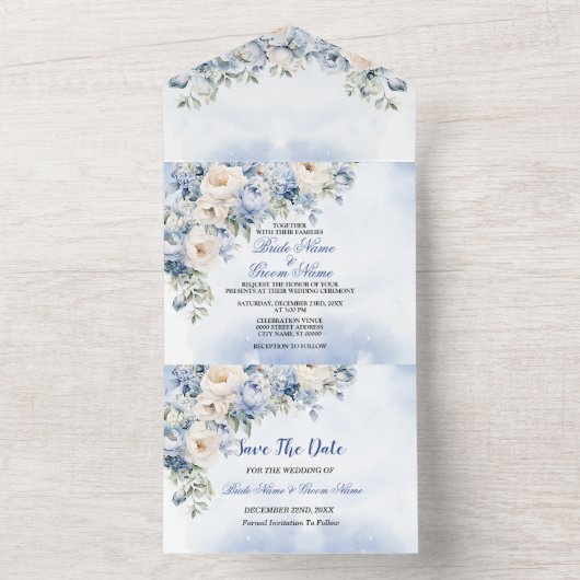 結婚の埃っぽい青い水色のアイボリーの花離れの オールインワン招待状 (内側)