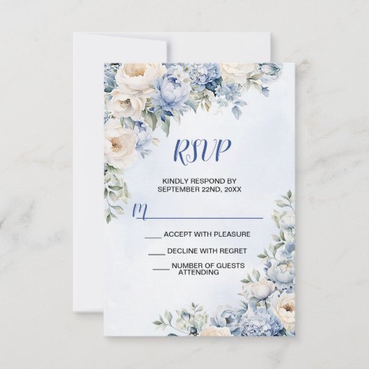 結婚の埃っぽい青い水色のアイボリーの花離れの 出欠カード (正面)