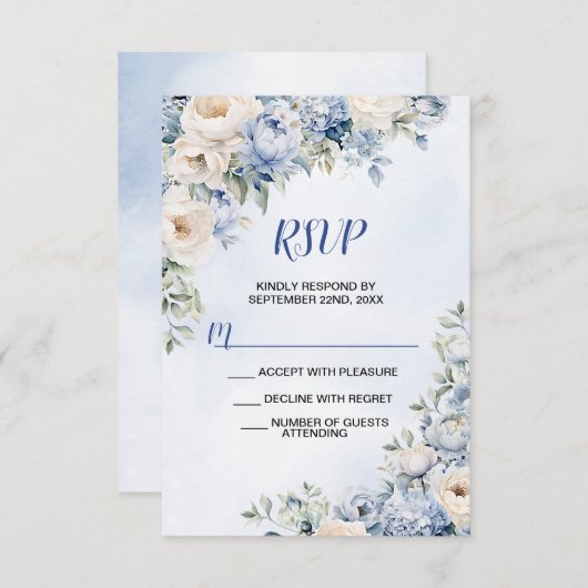 結婚の埃っぽい青い水色のアイボリーの花離れの 出欠カード (正面/裏面)