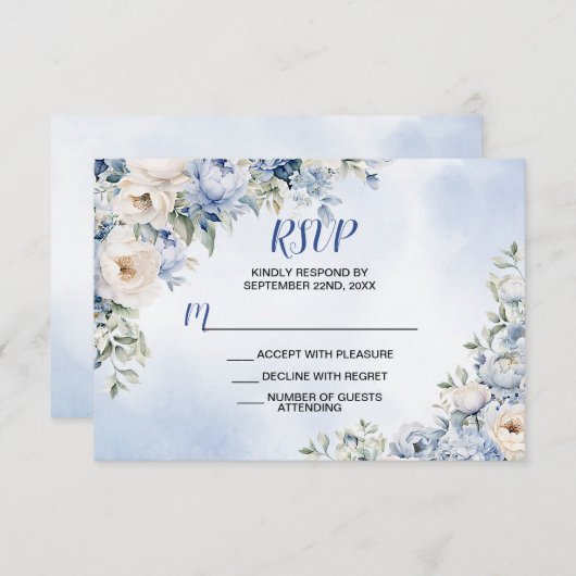 結婚の埃っぽい青い水色のアイボリーの花離れの 出欠カード (正面/裏面)