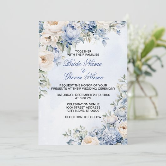 結婚の埃っぽい青い水色のアイボリーの花離れの 招待状 (スタンド正面)