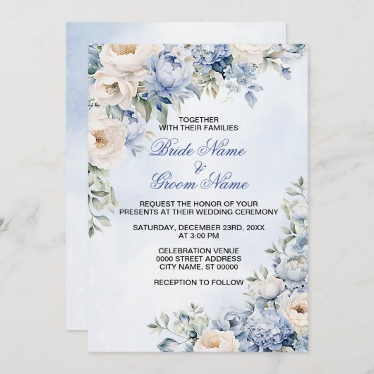 結婚の埃っぽい青い水色のアイボリーの花離れの 招待状 (正面/裏面)