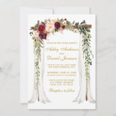 結婚の天蓋水色フローラ金ゴールドBurgundy 招待状 (正面)