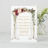 結婚の天蓋水色フローラ金ゴールドBurgundy 招待状 (スタンド正面)