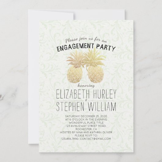 結婚の婚約パーティエレガント金ゴールド 招待状 (正面)