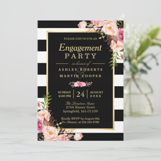 結婚の婚約パーティヴィンテージ金ゴールドフローラデコール 招待状 (スタンド正面)