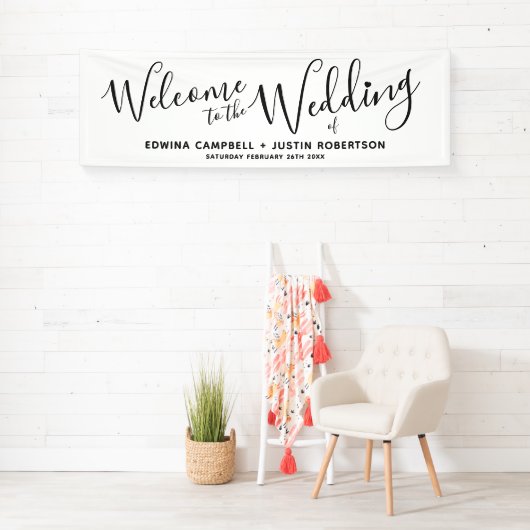 結婚の小さなハートブラック文字オンホワイトウェルカム 横断幕 (インサイチュ)