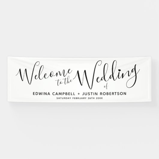 結婚の小さなハートブラック文字オンホワイトウェルカム 横断幕 (横)