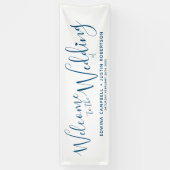 結婚の小さなハートブルー文字オンホワイトウェルカム 横断幕 (縦)