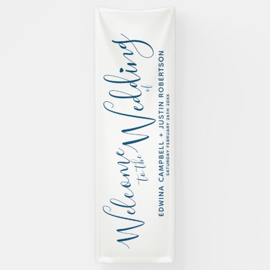 結婚の小さなハートブルー文字オンホワイトウェルカム 横断幕 (縦)