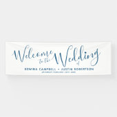 結婚の小さなハートブルー文字オンホワイトウェルカム 横断幕 (横)