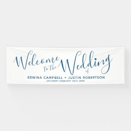 結婚の小さなハートブルー文字オンホワイトウェルカム 横断幕