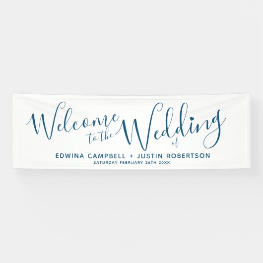 結婚の小さなハートブルー文字オンホワイトウェルカム 横断幕 (横)