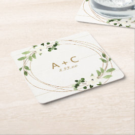 結婚の幾何学模様の水の色フローラ素朴木材 スクエアペーパーコースター