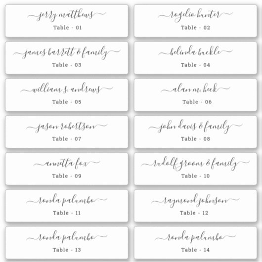 結婚の座席表ゲスト名テーブル番号スティック シール (正面)