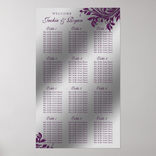 結婚の座席表シルバーパープル葉ズキラリ ポスター (正面)