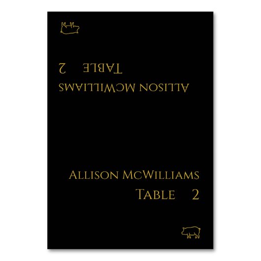 結婚の座席表 – 豚肉のアイコン – 黒と金ゴールド テーブルナンバー (正面)