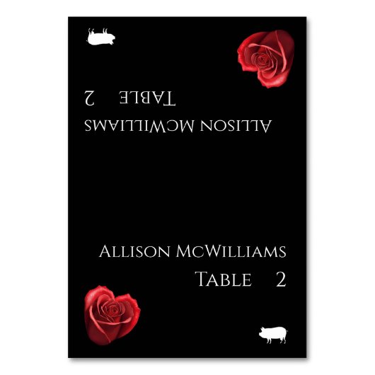 結婚の座席表 – 豚肉アイコン – ハート型レッドロス テーブルナンバー (正面)