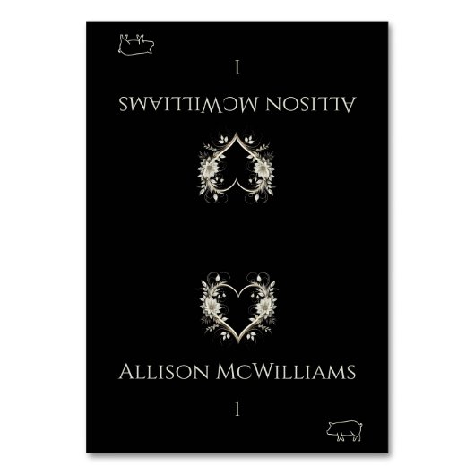 結婚の座席表 – 豚肉アイコン – 花とハート テーブルナンバー (正面)