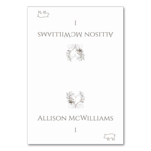 結婚の座席表 – 豚肉アイコン – 花とハート テーブルナンバー (正面)