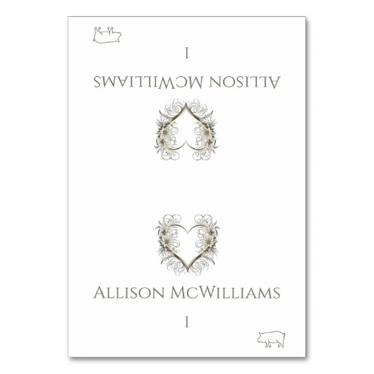 結婚の座席表 – 豚肉アイコン – 花とハート テーブルナンバー (正面)