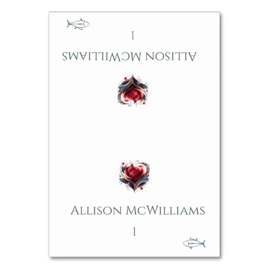 結婚の座席表 – 魚のアイコン – ハート型バラ テーブルナンバー (正面)