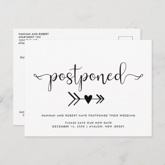 結婚の延期及び新期日ハート白黒 案内ポストカード (正面/裏面)