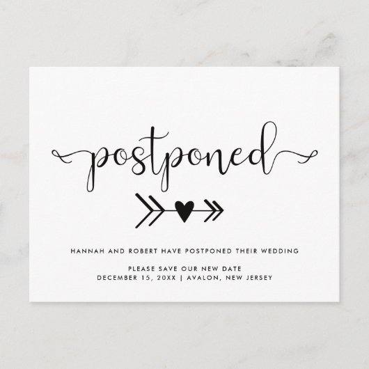 結婚の延期及び新期日ハート白黒 案内ポストカード (正面)
