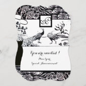 結婚の愛の鳥の正方形モノグラムブラック、ホワイト 招待状 (正面/裏面)