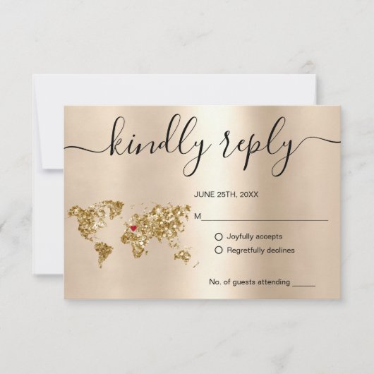 結婚の旅行先パスポート金ゴールド世界地図インビタ 出欠カード (正面)
