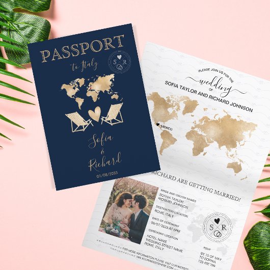 結婚の旅行先パスポート金ゴールド世界地図インビタ 招待状