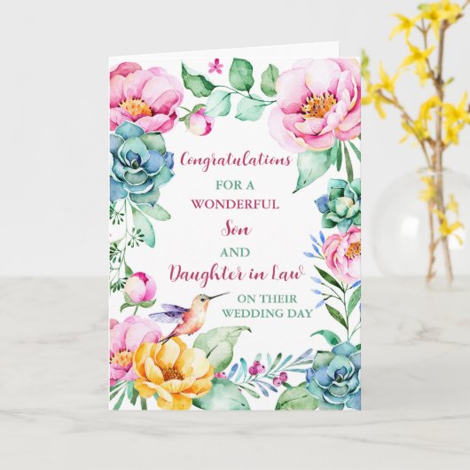 結婚の日のお祝いの息子と娘 カード (黄色い花)