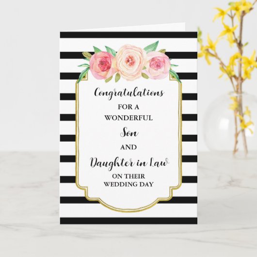 結婚の日のお祝いの息子と娘 カード (黄色い花)