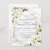 結婚の日付延期の白フローラ幾何学模様 案内ポストカード (正面/裏面)