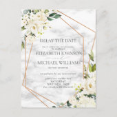 結婚の日付延期の白フローラ幾何学模様 案内ポストカード (正面)