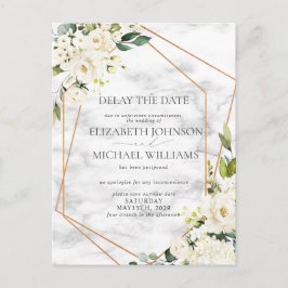 結婚の日付延期の白フローラ幾何学模様 案内ポストカード